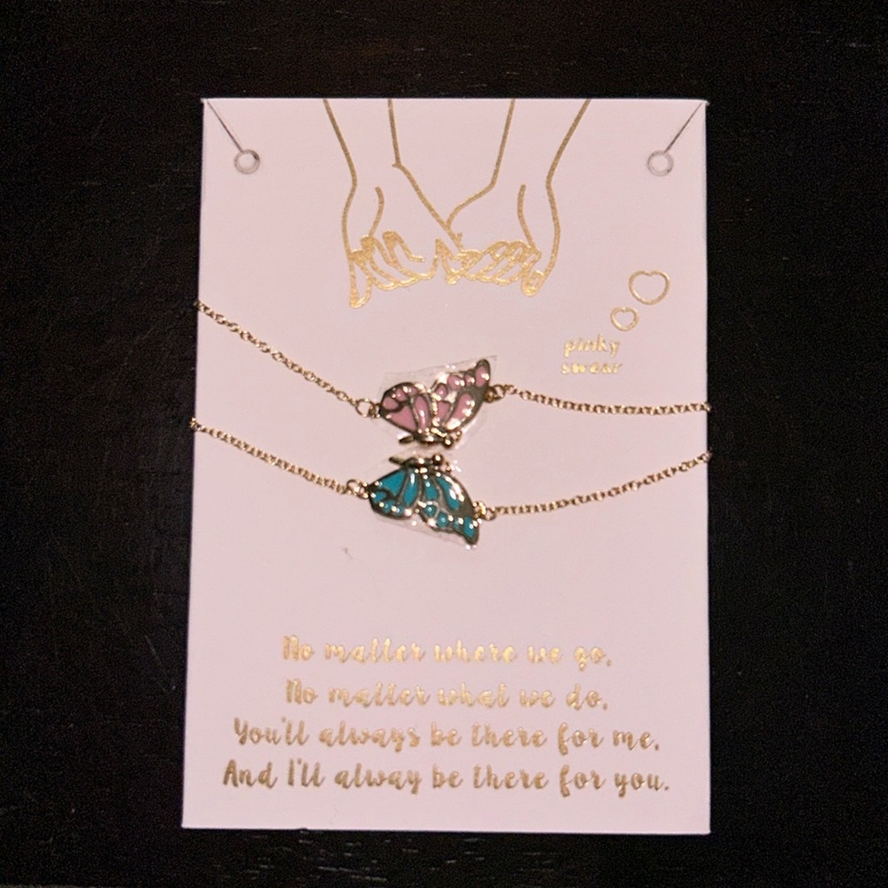 Gold Tone Pink and Blue Butterfly Best Friend Necklace Set - 2 Necklaces